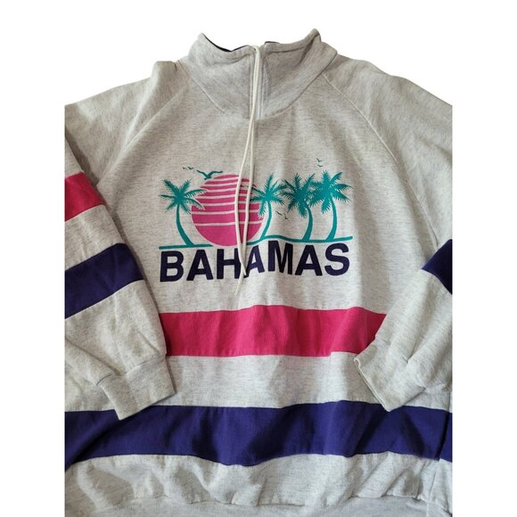 VTG 80s Sun Triangle Sweatshirt L Bahamas 1/4 Zip Drawstring USA Rainbow Unisex - Picture 3 of 9